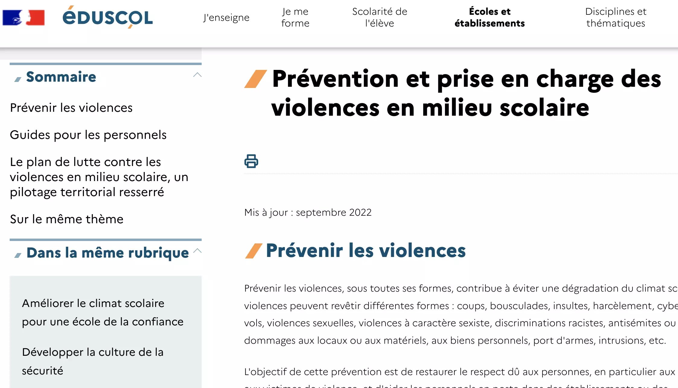 Site eduscol.education.fr - Prévenir les violences