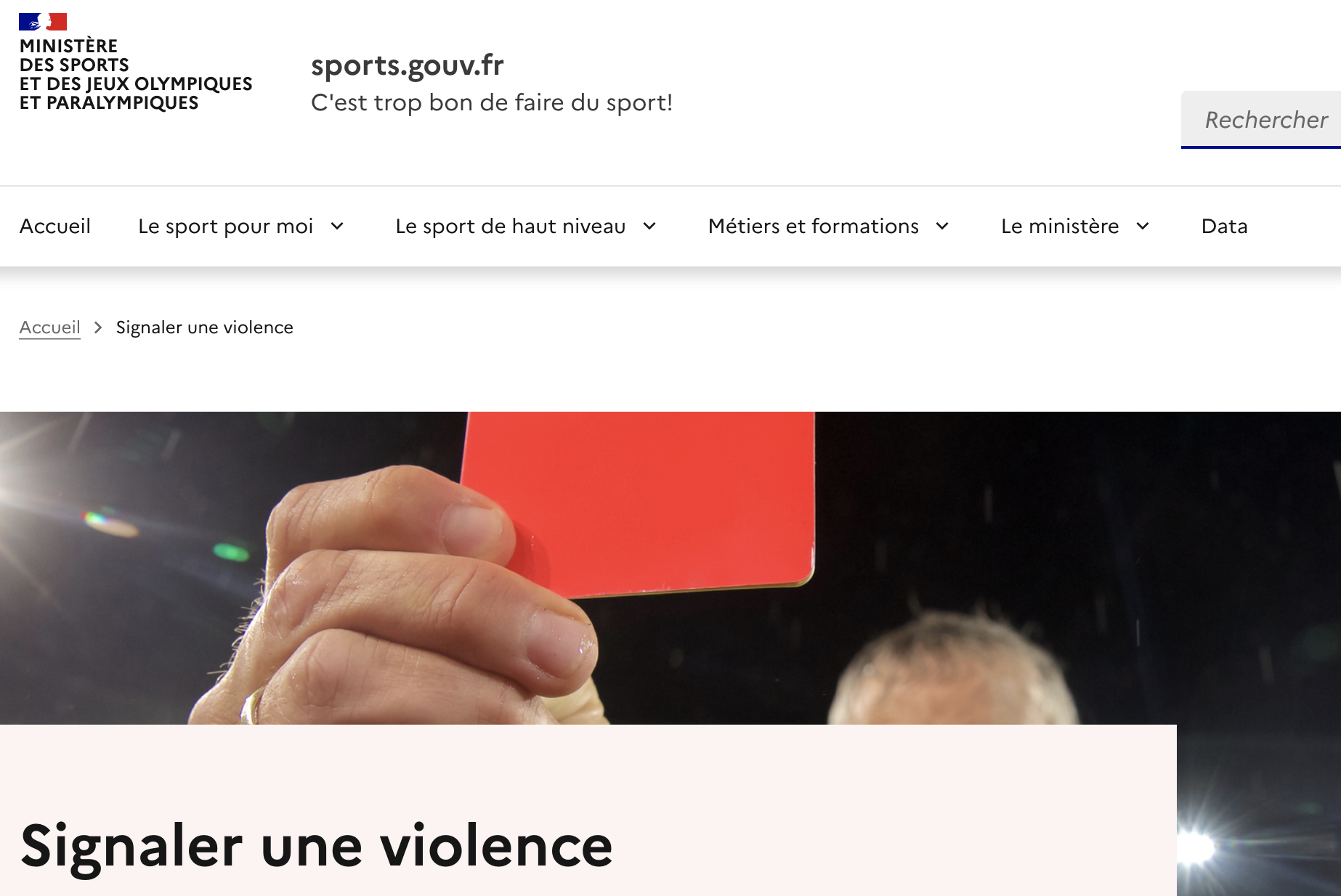 Site sports.gouv.fr - Rubrique Signaler une violence dans le sport