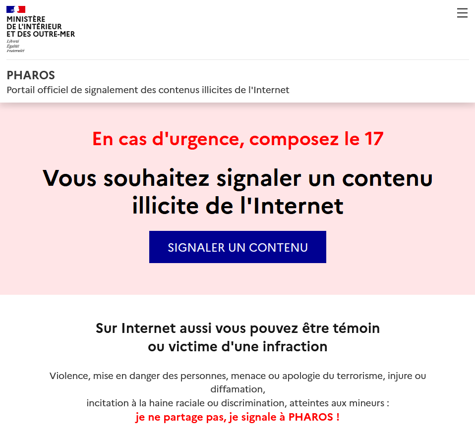 Site www.internet-signalement.gouv.fr - PHAROS