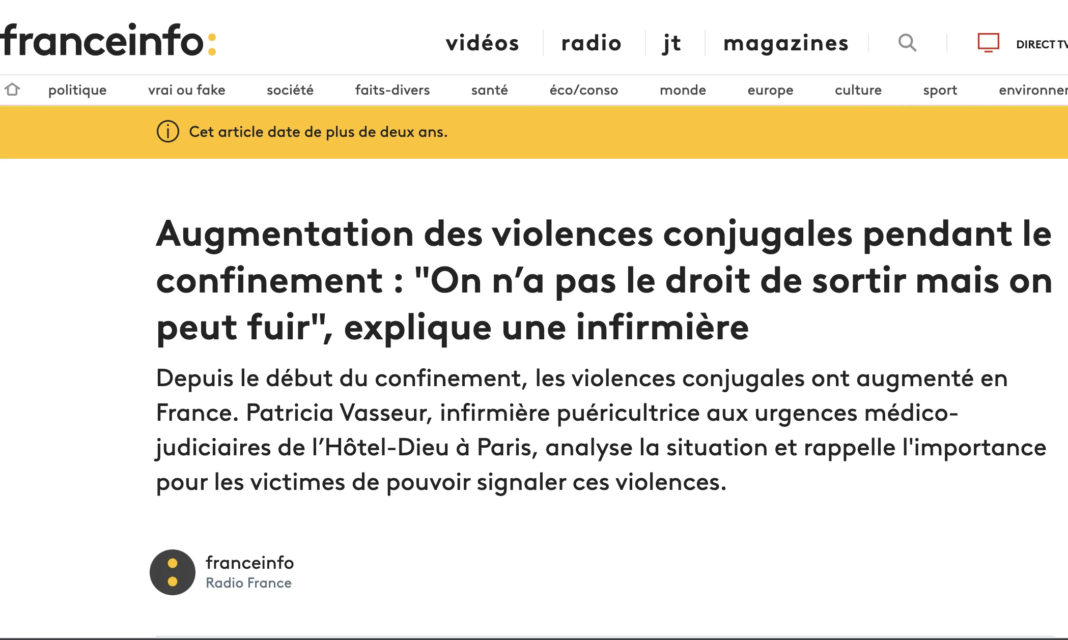 France Info - Augmentation des violences conjugales pendant le confinement