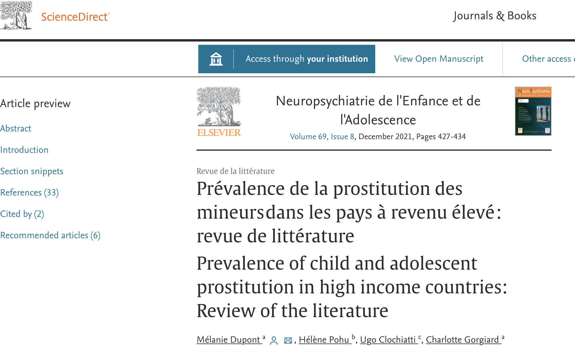 Prévalence de la prostitution des mineurs dans les pays à revenu élevé : revue de littérature.